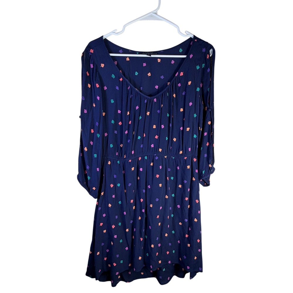 American Eagle navy v-neck leaf print mini dress 3/4 sleeve elastic waist Size-S - Picture 2 of 9